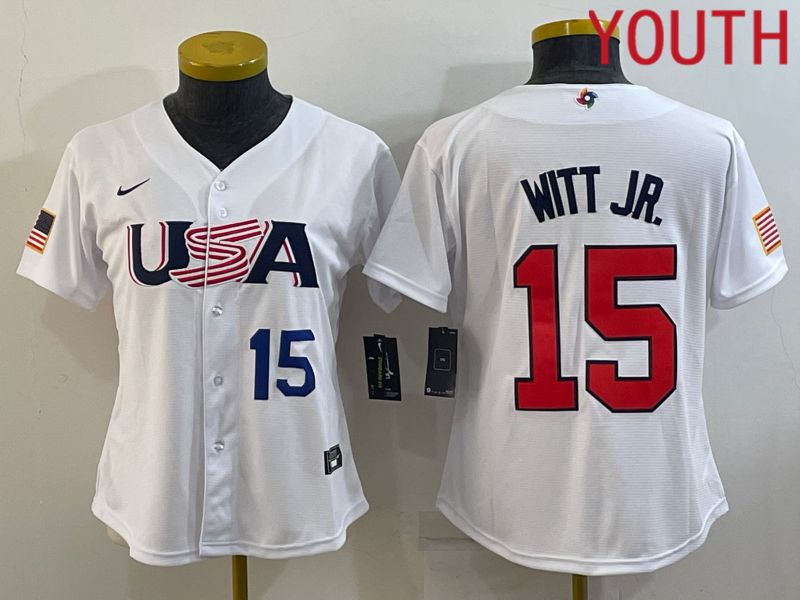 Youth 2023 World Cub USA 15 Witt jr White MLB Jersey3